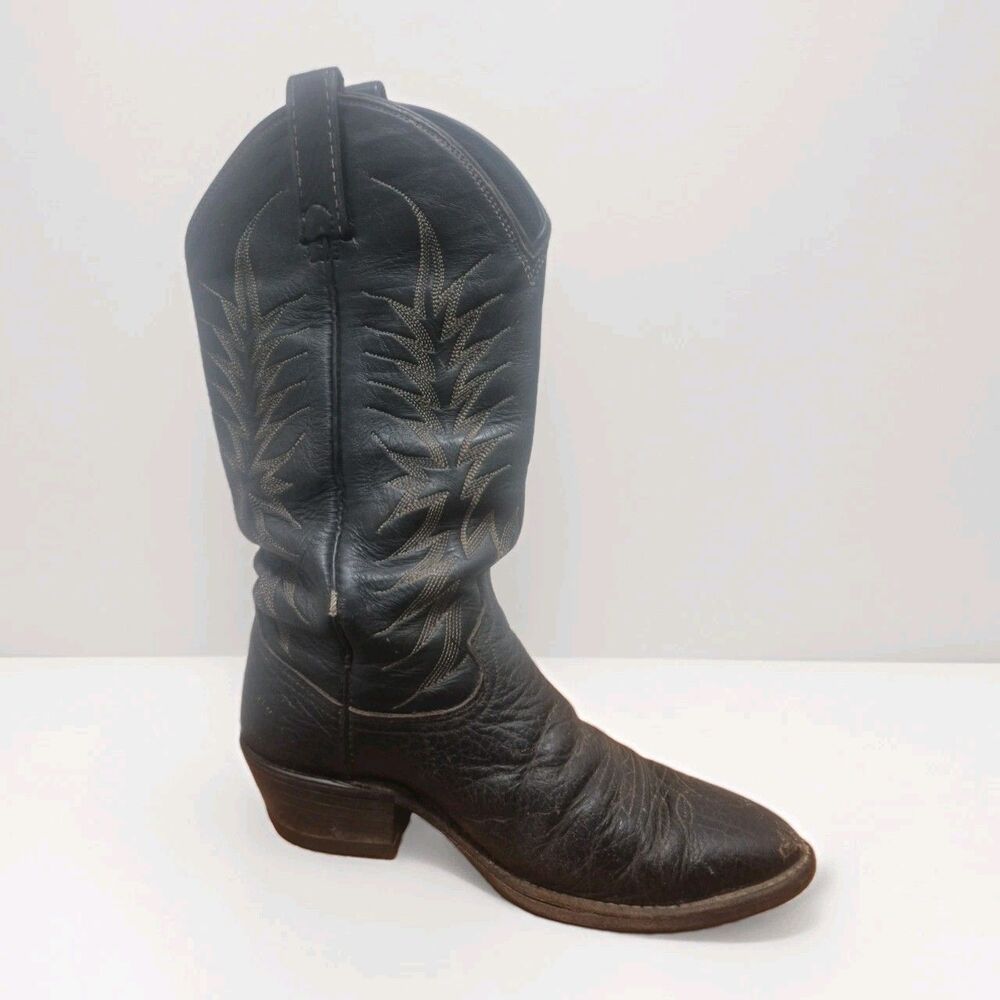 Vintage Dan Post P2557 Black Bull Hide Leather Round Toe Boots Mens 7D USA